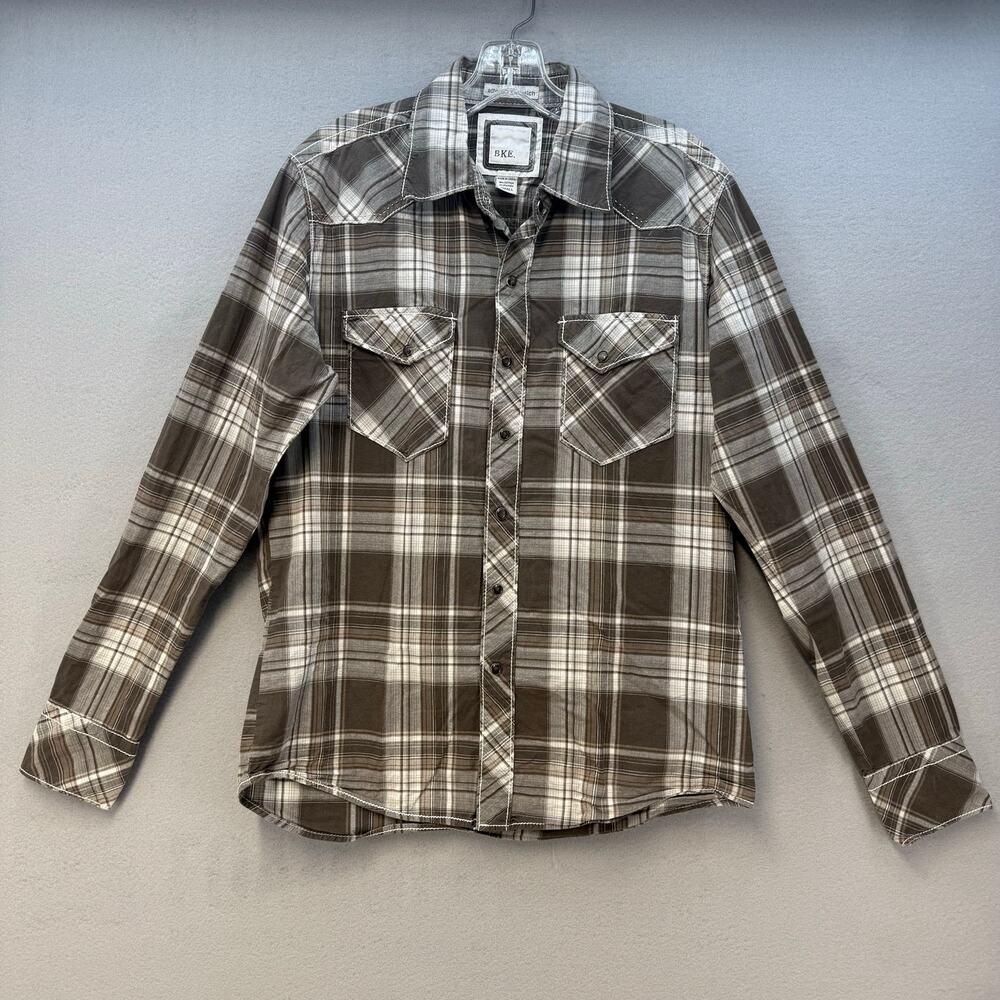 BKE Skirt Men's S Brown Plaid Pearl Snap Athletic Fit Stretch Western Country